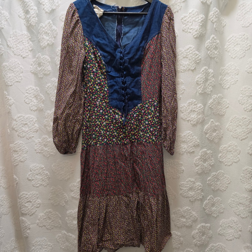 Vintage J.J. & Company Floral Patchwork‎ Denim Corset Prairie Midi Dress 13